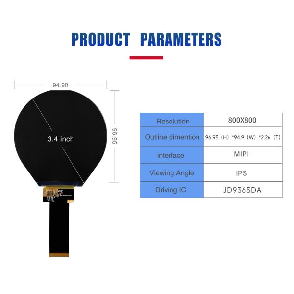 3.4 Inch Circular TFT LCD Display 800x800 Resolution IC JD9365DA MIPI LCD Module