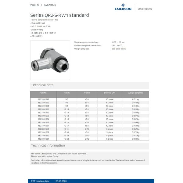 AVENTICS Series Push In Connectors QR2-S-RW1 Standard External thread