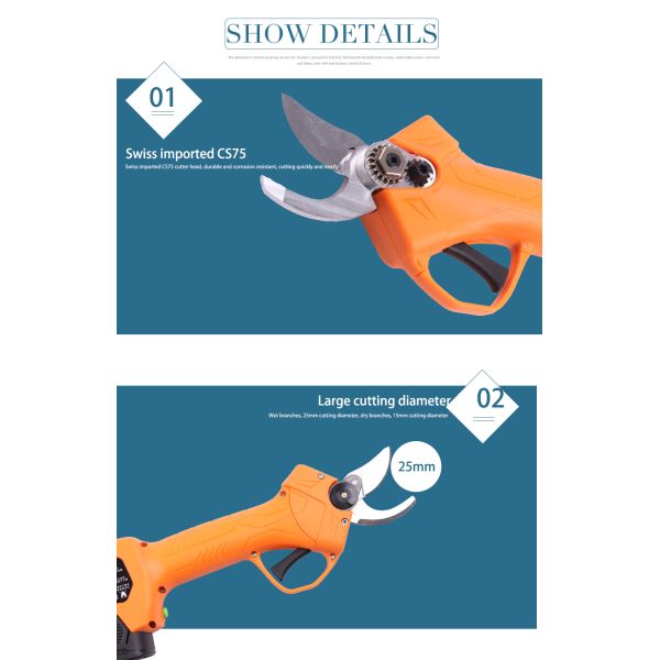 Swansoft 2.5CM Battery Orchard Pruner 16. 8V Cordless Strong Steel Blade Garden Trimmer Plant Secateurs with 2 batteries