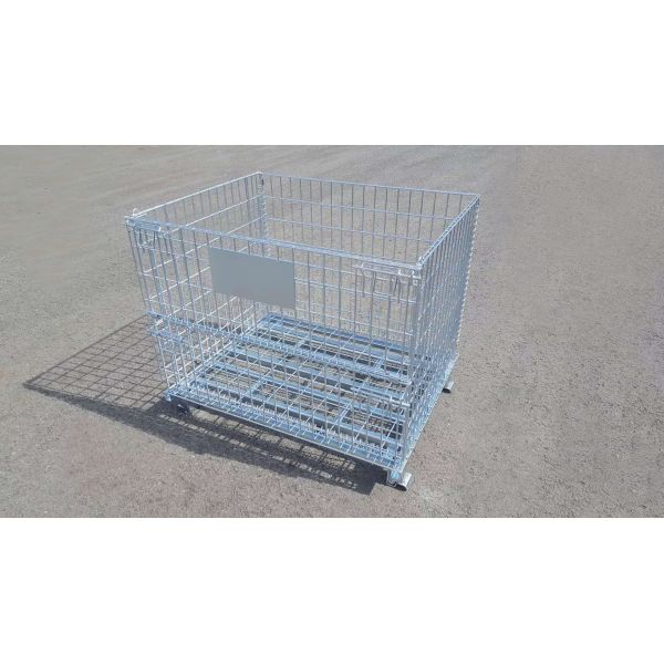 Wire mesh container in industrial setting