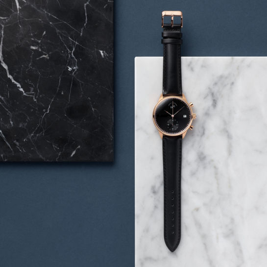 Black Mens Leather Dress Watch , Chronograph Watches Leather Band