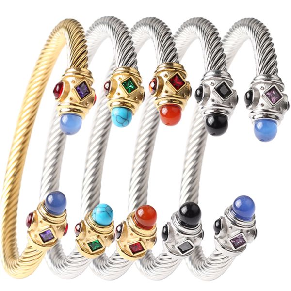 Titanium steel cable ruby turquoise stone bracelet accessories golden elastic wire rope twist open bracelet wholesale
