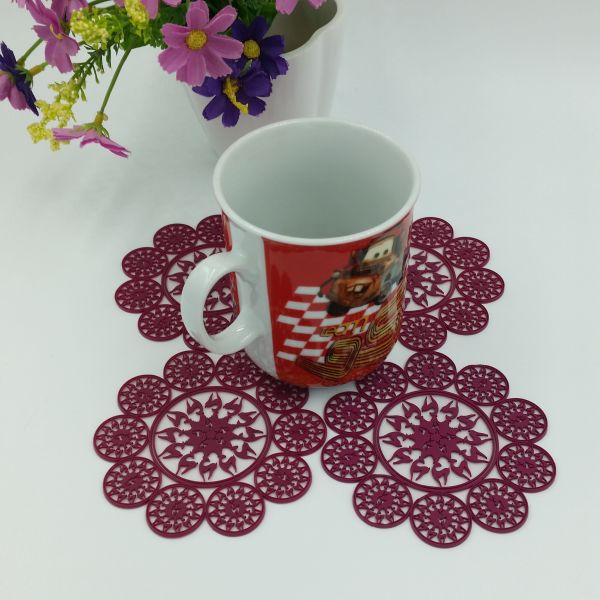 Elegant Purplish Red Hollow Silicone Rubber PVC Coaster Table Placemat, Flower Design Consist Of Deer, Accept Paypal