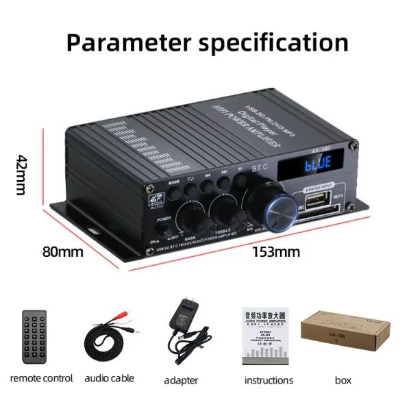 AK-380 400W Power Amplifier with Bluetooth 5.0 and 2.0 CH HiFi Stereo for Home Audio