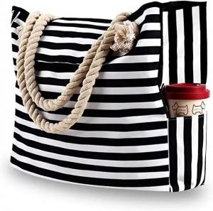 Buy cheap Custom Printed Waterproof Stripe Cotton Canvas Beach Bag With Grommet Rope Handle product