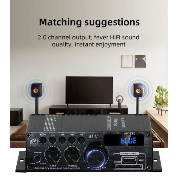 AK-380 400W Power Amplifier with Bluetooth 5.0 and 2.0 CH HiFi Stereo for Home Audio