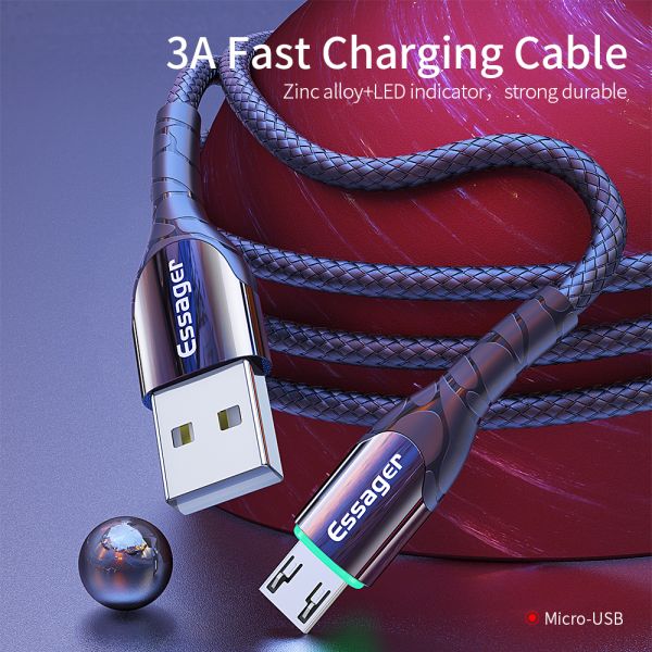 Essager LED Fast Micro Data Cable 3A 0.5M 1M 2M 3M With Data Transfer