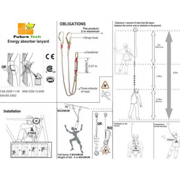 30mm Polyester Double Hooks Adjustable Safety Lanyard for Fall Protection and Shock Absorption