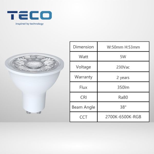 Teco Ra80 GU10 LED Smart Bulb 38 Degree 230V LED Spotlight 2700K- 6500K WIFI Tuya Smart Light