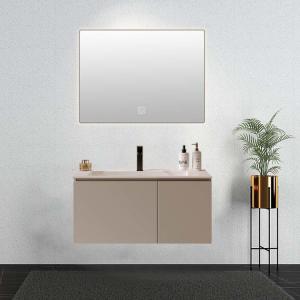 China Smart Light Mirror Wood Bathroom Vanity Nano Rock Integrated Basin on sale