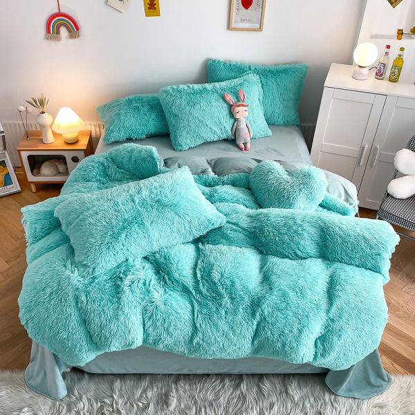 Hot Blue Luxury Shaggy Flanell Mink Velvet Bedding Set for All-Groups in Autumn Winter