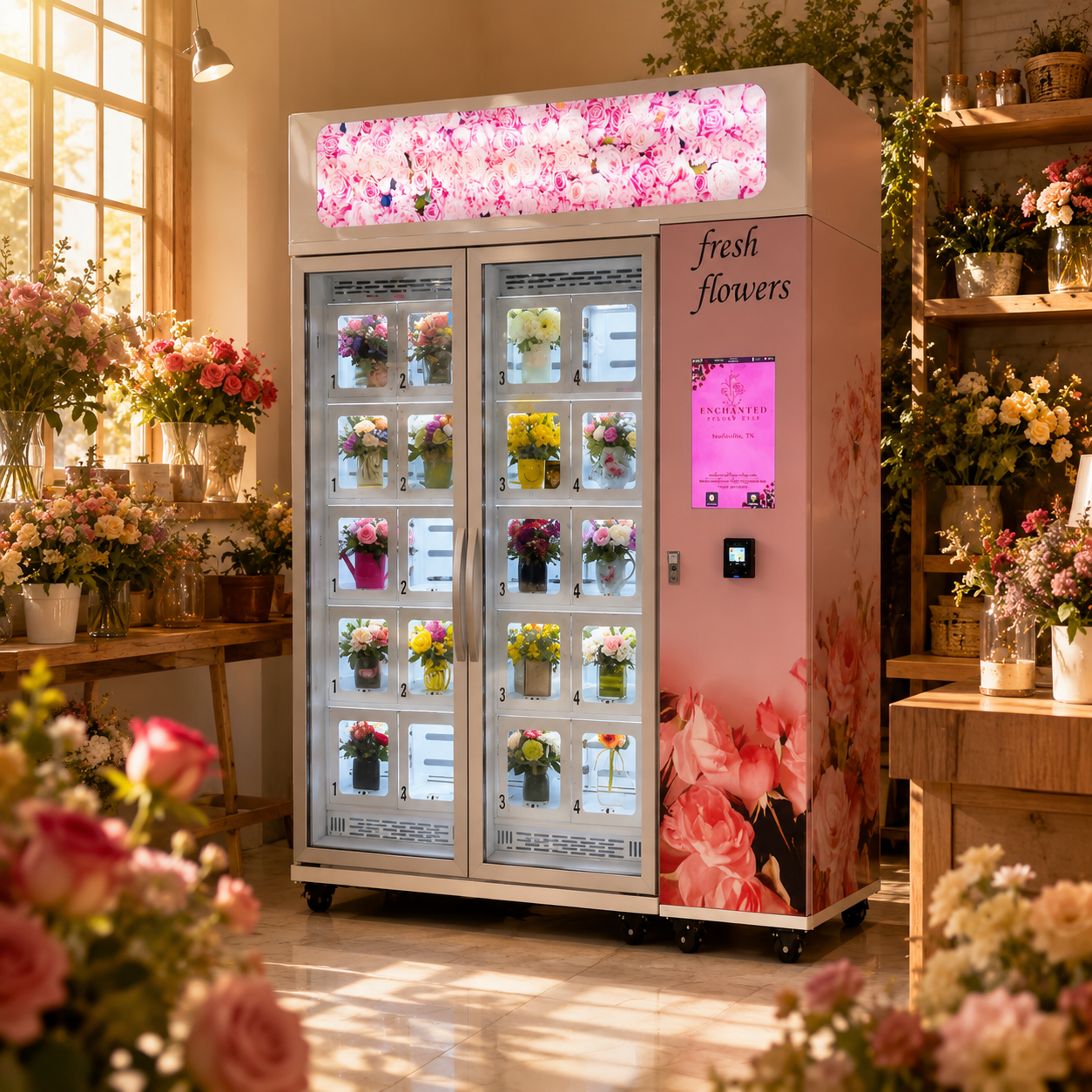 Commercial Flower Vending Machine with Temperature-Controlled Freshness, Automatic Self-Service Shopping, Card Payment and Customizable Flower Storage