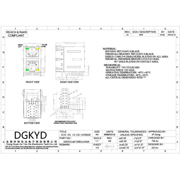 DGKYD21Q070DB2A4D068 1000 Base-T 2X1 Multiport RJ45 Connector With Magnetic Right Angle Ethernet Filter