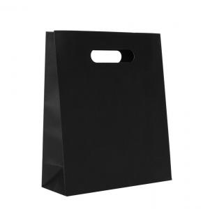 China Black Printing Kraft Paper Bag Flap Die Cut Handle Shopping Paper Bags on sale