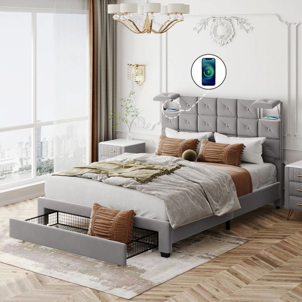 Nordic style solid dry strong wood frame upholstered bed big drawer storage function Queen bed king bed for Bedroom