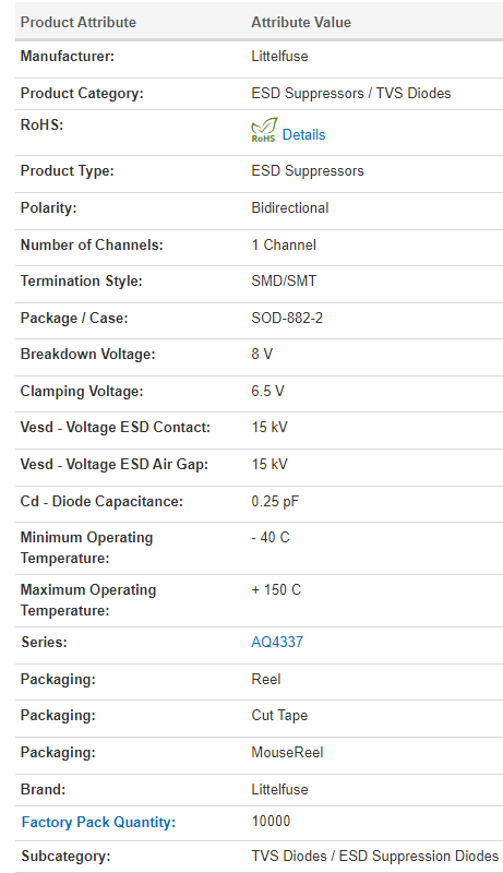 AQ4337-01ETG Transient Voltage Suppression Diode 5V 7A 0.25F 15KV SOD882 BI-DIR T