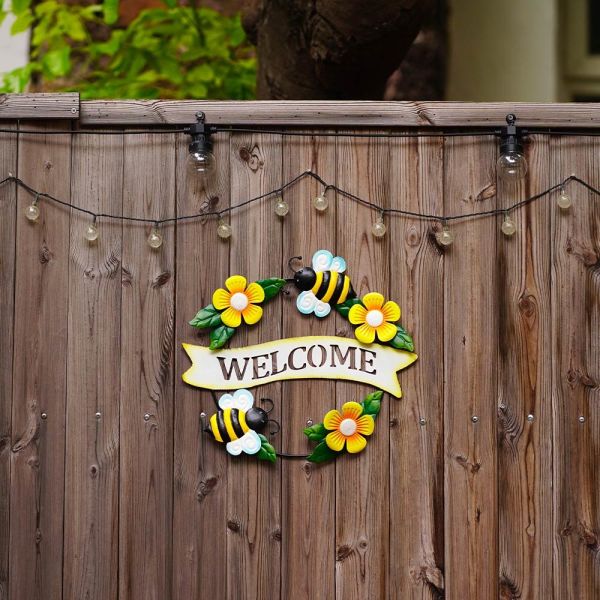 Garden Metal Wall Hanging Ornaments Handmade Bee Pattern Welcome Slogan