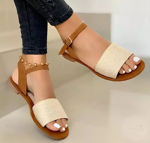 Elegant Ladies Open Toe Flat Sandals With Buckle Closure Comfortable