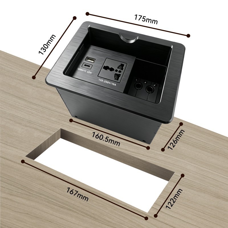 Premium Recessed Table Power Socket Box with 65W USB-C PD Fast Charging, Universal Outlet, and 4 Cable Pass-through Holes