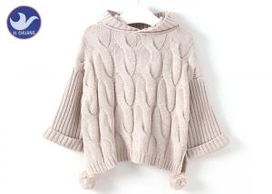 China Pompom Ball Ribbed Girls Cable Sweater , Girls Hooded Jumper Winter Clothes on sale